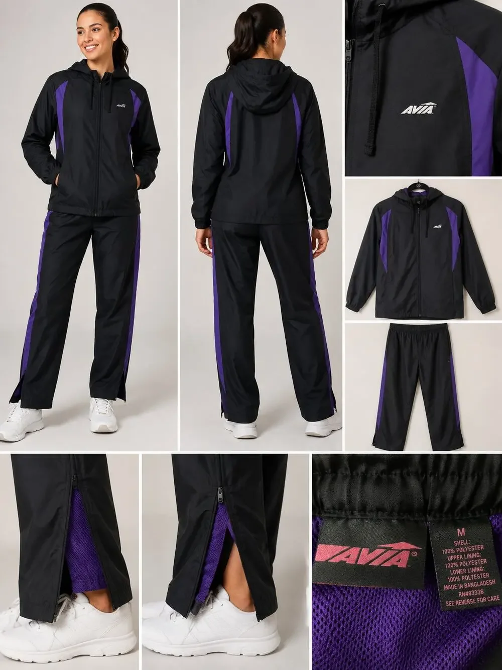 Vintage Avia Women's 2-Piece Track Suit NWOT Black Purple Hooded Windbreaker M